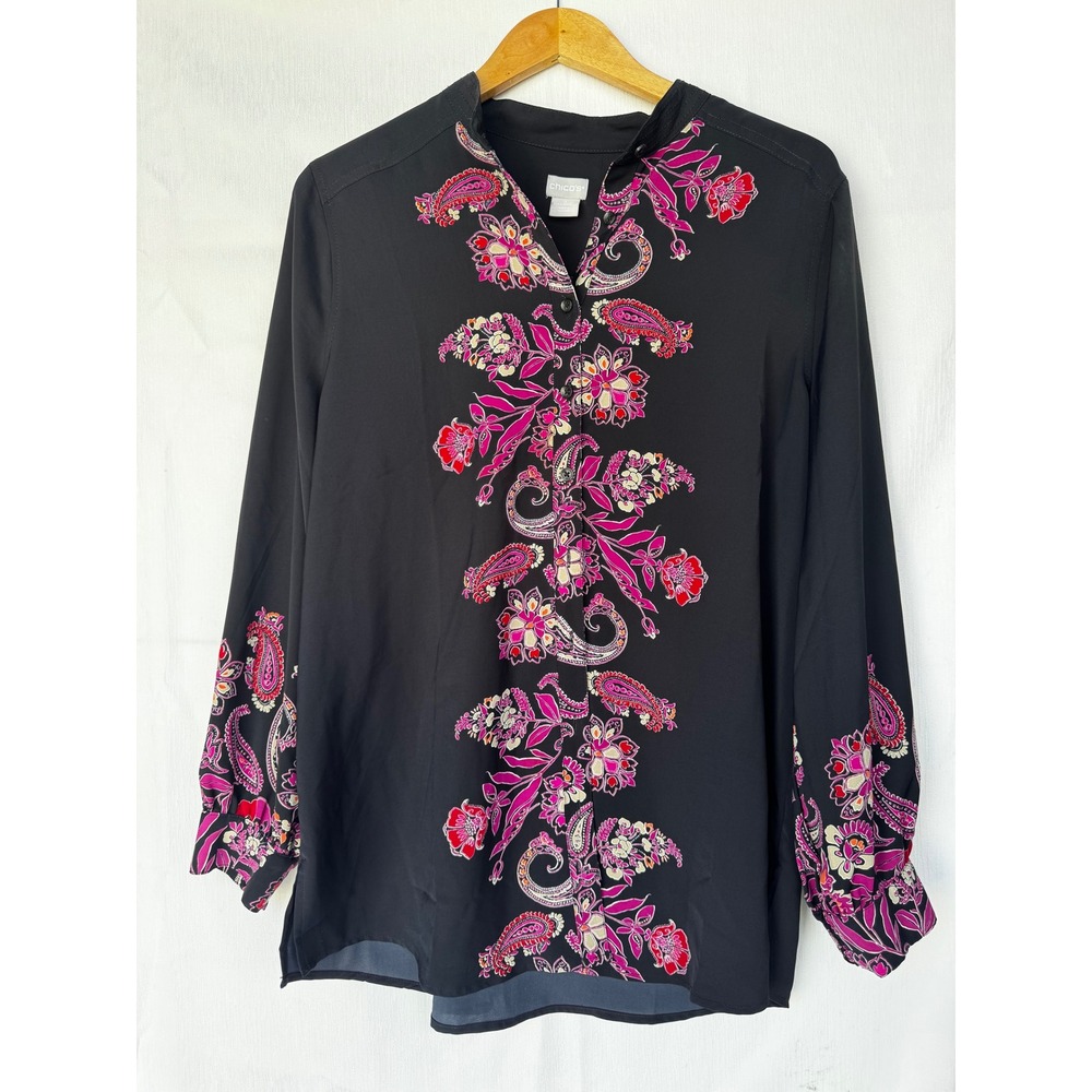 Chicos Black Pink Paisley Floral Button Down Blouse Mandarin Collar Size 2 L 12